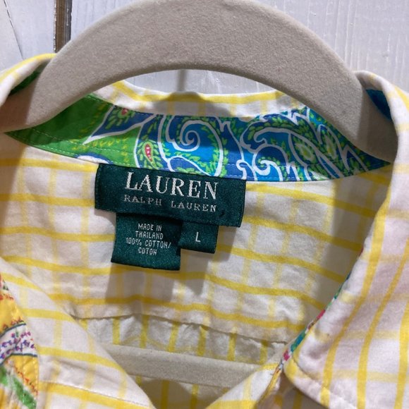 Lauren Ralph Lauren yellow check button up shirt paisley cuffs large - Picture 6 of 8